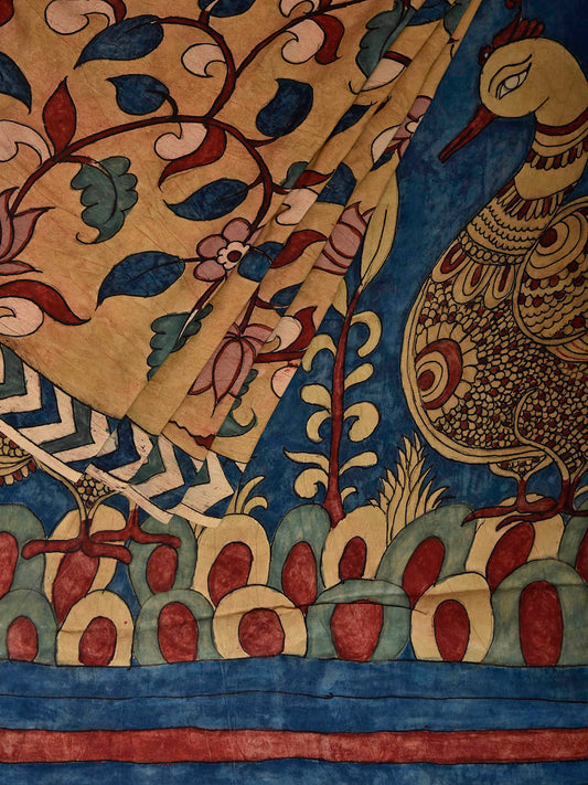 Mustard and Blue Kalamkari Hand Painted Crepe Saree with Floral and Peacocks Pallu Design KL085