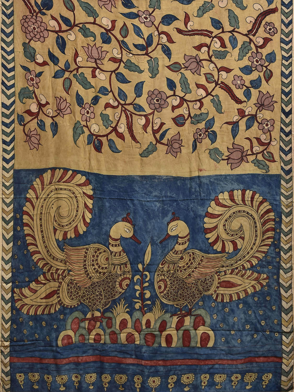 Mustard and Blue Kalamkari Hand Painted Crepe Saree with Floral and Peacocks Pallu Design KL085