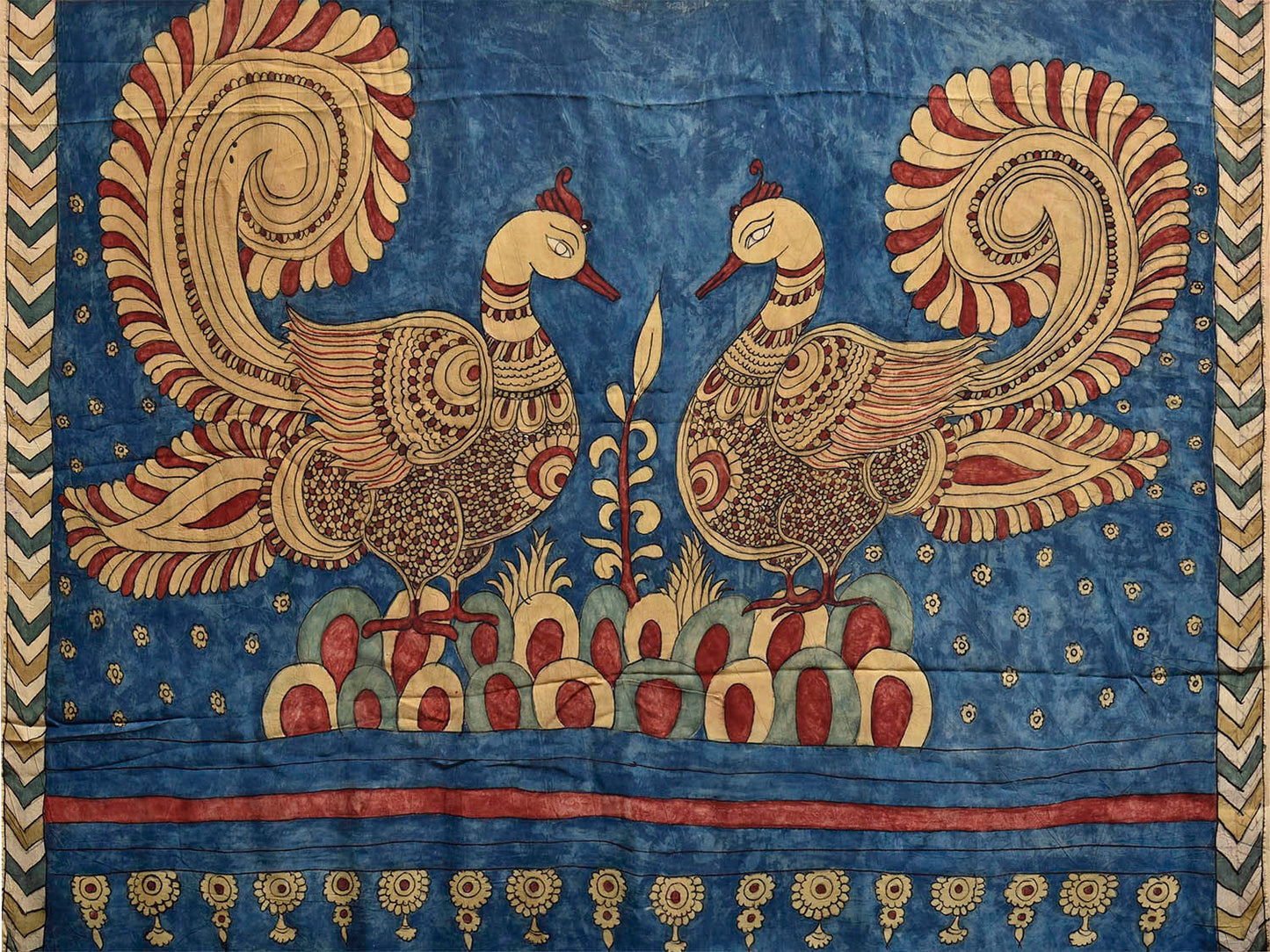 Mustard and Blue Kalamkari Hand Painted Crepe Saree with Floral and Peacocks Pallu Design KL085