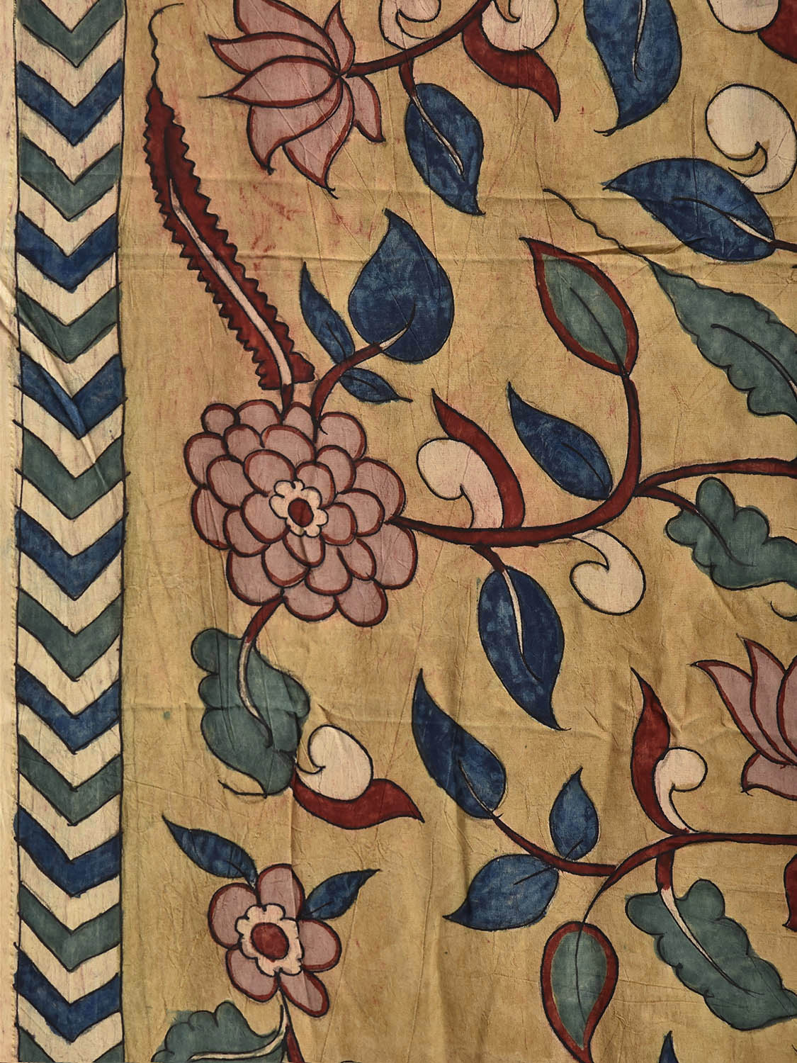 Mustard and Blue Kalamkari Hand Painted Crepe Saree with Floral and Peacocks Pallu Design KL085