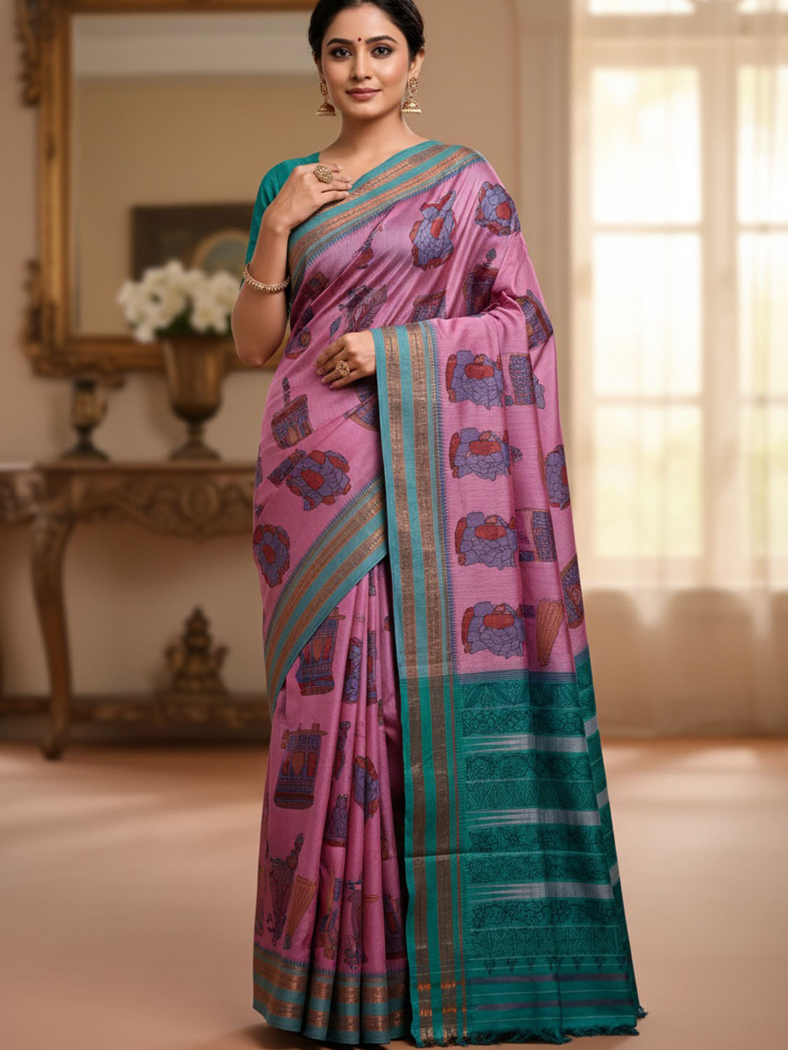 Pink and Turquoise Kalamkari Hand Painted Narayanpet Pure Silk Saree with All Over Design No Blouse KL0853