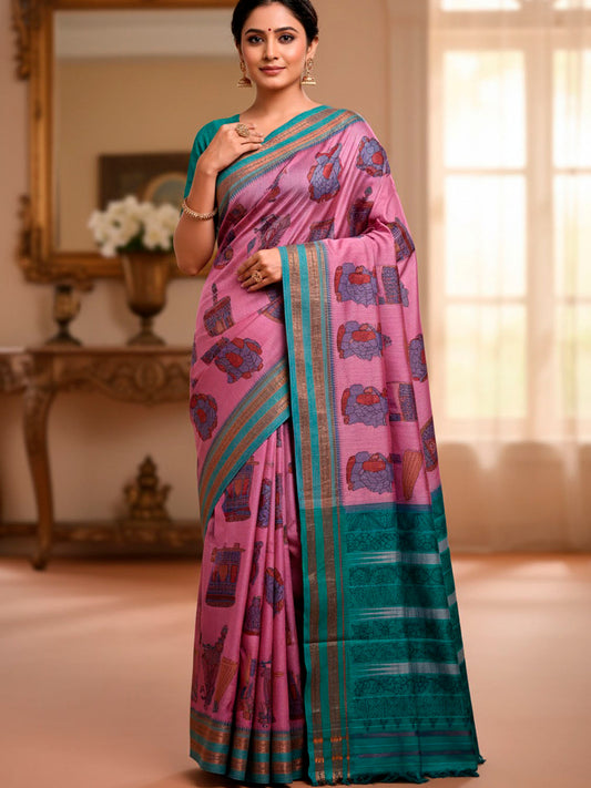 Pink and Turquoise Kalamkari Hand Painted Narayanpet Pure Silk Saree with All Over Design No Blouse KL0853