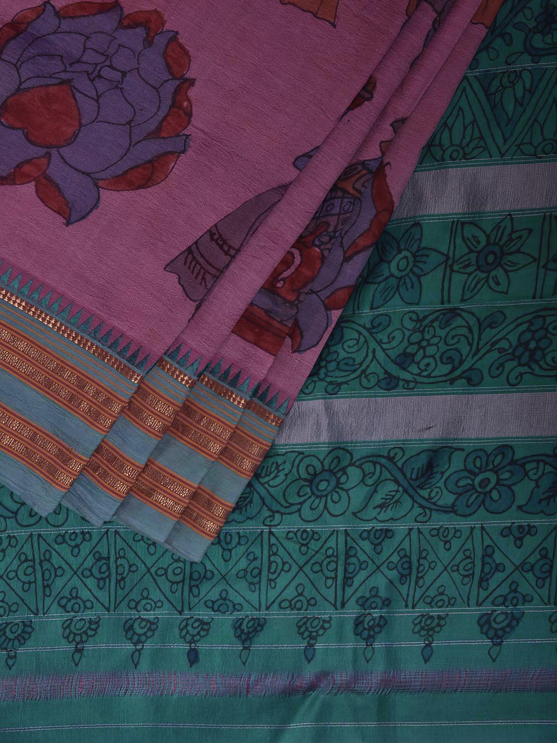 Pink and Turquoise Kalamkari Hand Painted Narayanpet Pure Silk Saree with All Over Design No Blouse KL0853