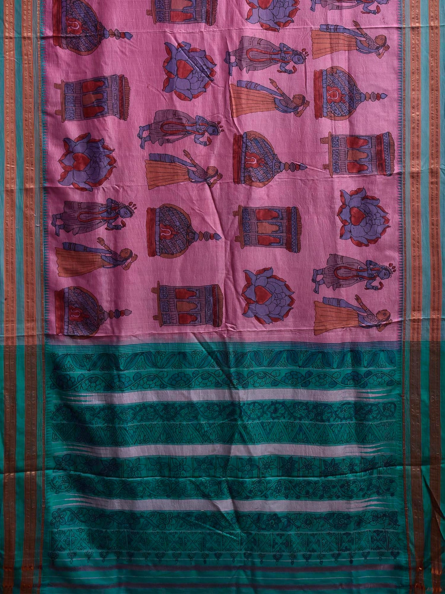 Pink and Turquoise Kalamkari Hand Painted Narayanpet Pure Silk Saree with All Over Design No Blouse KL0853