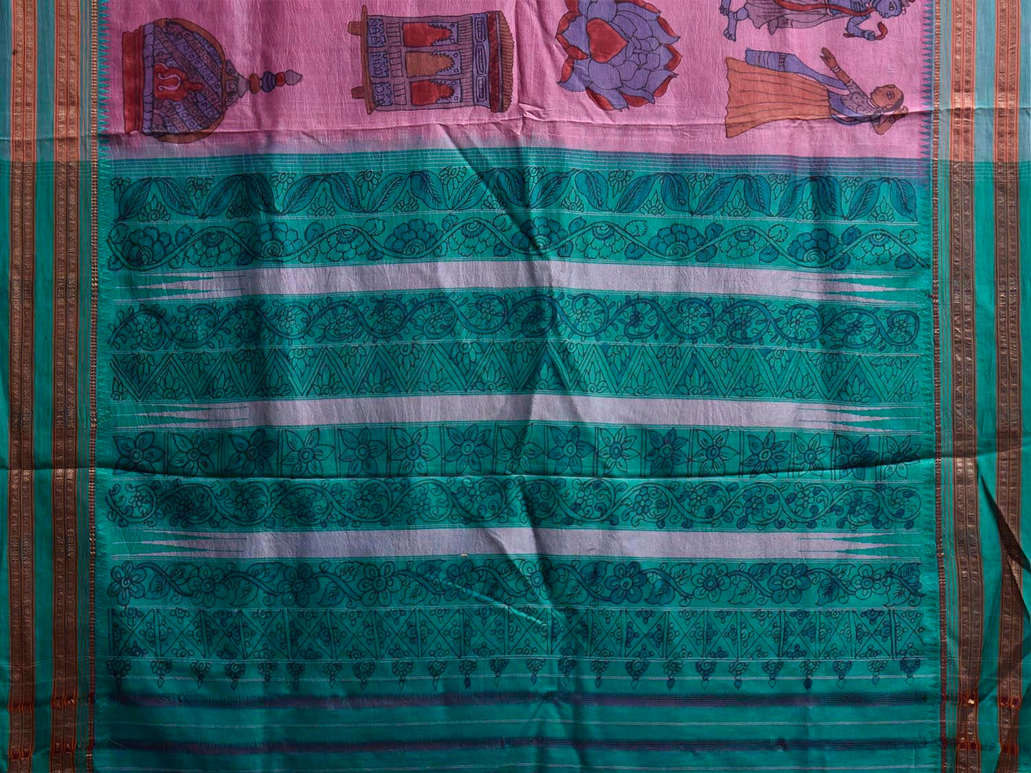 Pink and Turquoise Kalamkari Hand Painted Narayanpet Pure Silk Saree with All Over Design No Blouse KL0853