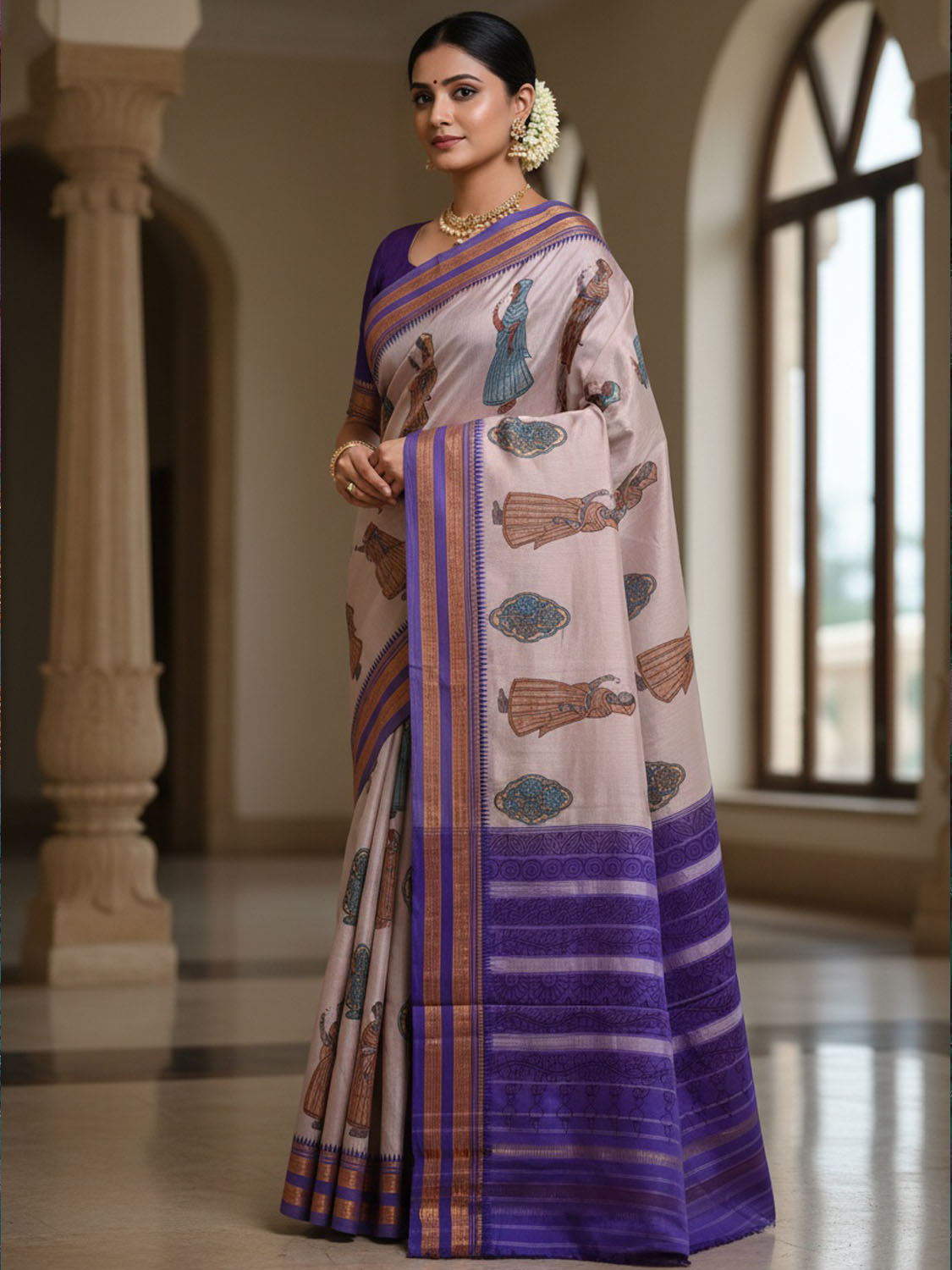 Cream and Dark Blue Kalamkari Hand Painted Narayanpet Pure Silk Saree with Female Figures and Floral Design No Blouse KL0854