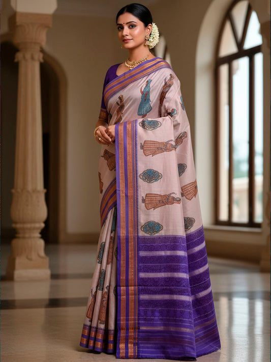 Cream and Dark Blue Kalamkari Hand Painted Narayanpet Pure Silk Saree with Female Figures and Floral Design No Blouse KL0854