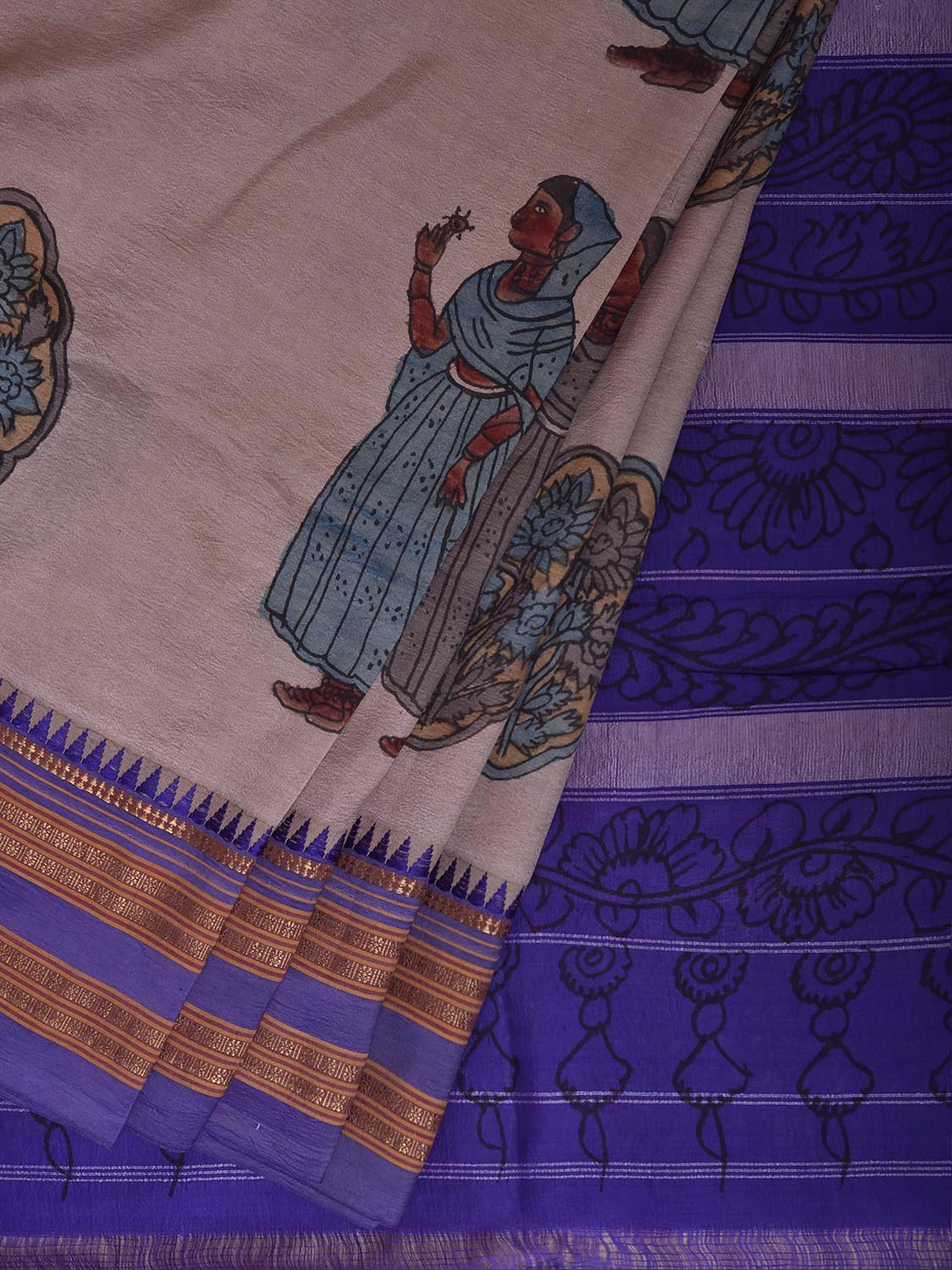 Cream and Dark Blue Kalamkari Hand Painted Narayanpet Pure Silk Saree with Female Figures and Floral Design No Blouse KL0854