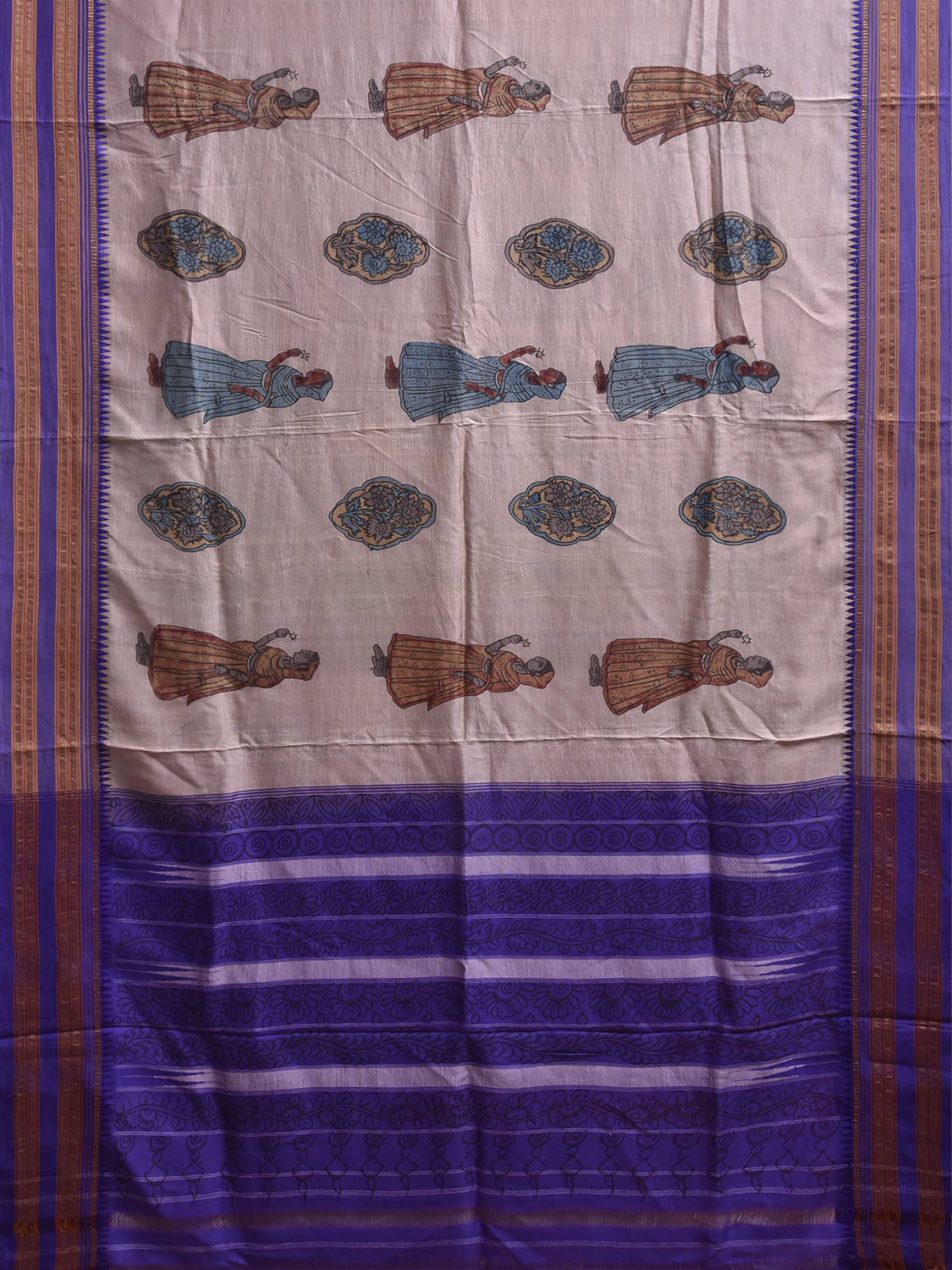 Cream and Dark Blue Kalamkari Hand Painted Narayanpet Pure Silk Saree with Female Figures and Floral Design No Blouse KL0854
