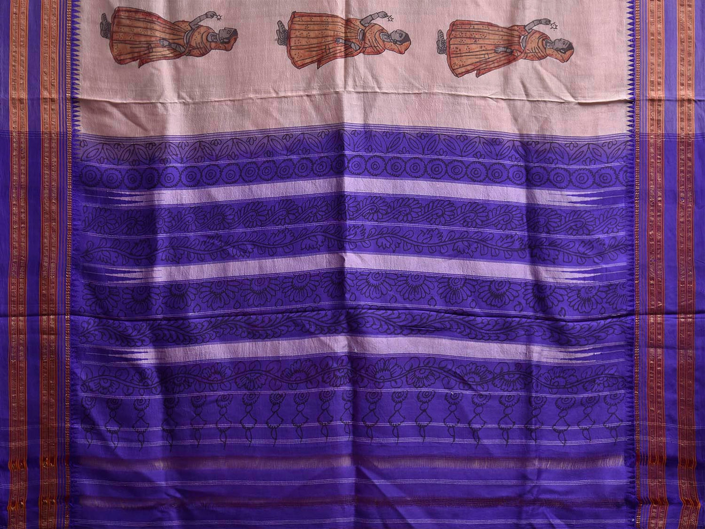 Cream and Dark Blue Kalamkari Hand Painted Narayanpet Pure Silk Saree with Female Figures and Floral Design No Blouse KL0854