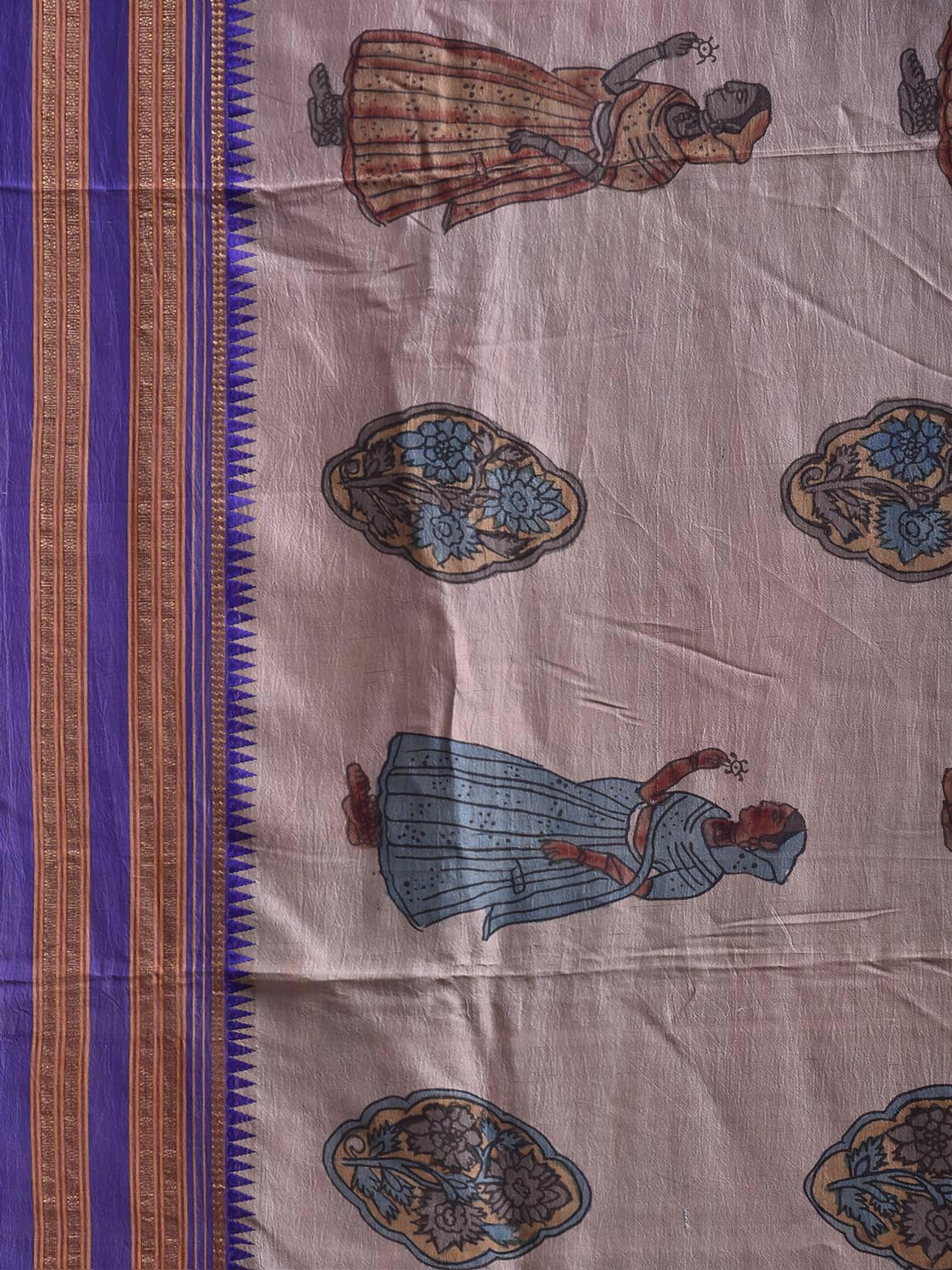 Cream and Dark Blue Kalamkari Hand Painted Narayanpet Pure Silk Saree with Female Figures and Floral Design No Blouse KL0854