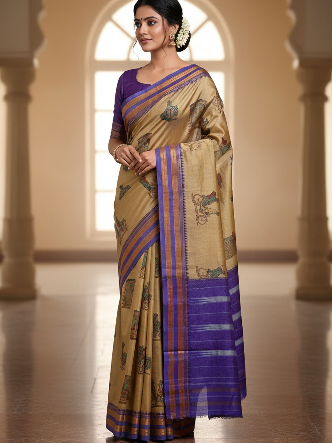 Light Yellow and Dark Blue Kalamkari Hand Painted Narayanpet Pure Silk Saree with Vehicles Design No Blouse KL0855