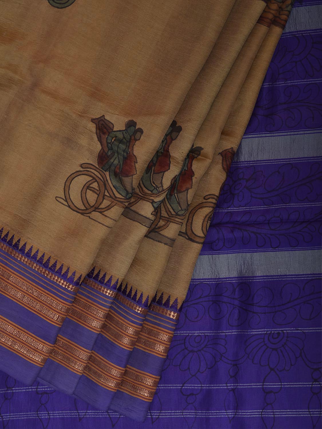 Light Yellow and Dark Blue Kalamkari Hand Painted Narayanpet Pure Silk Saree with Vehicles Design No Blouse KL0855