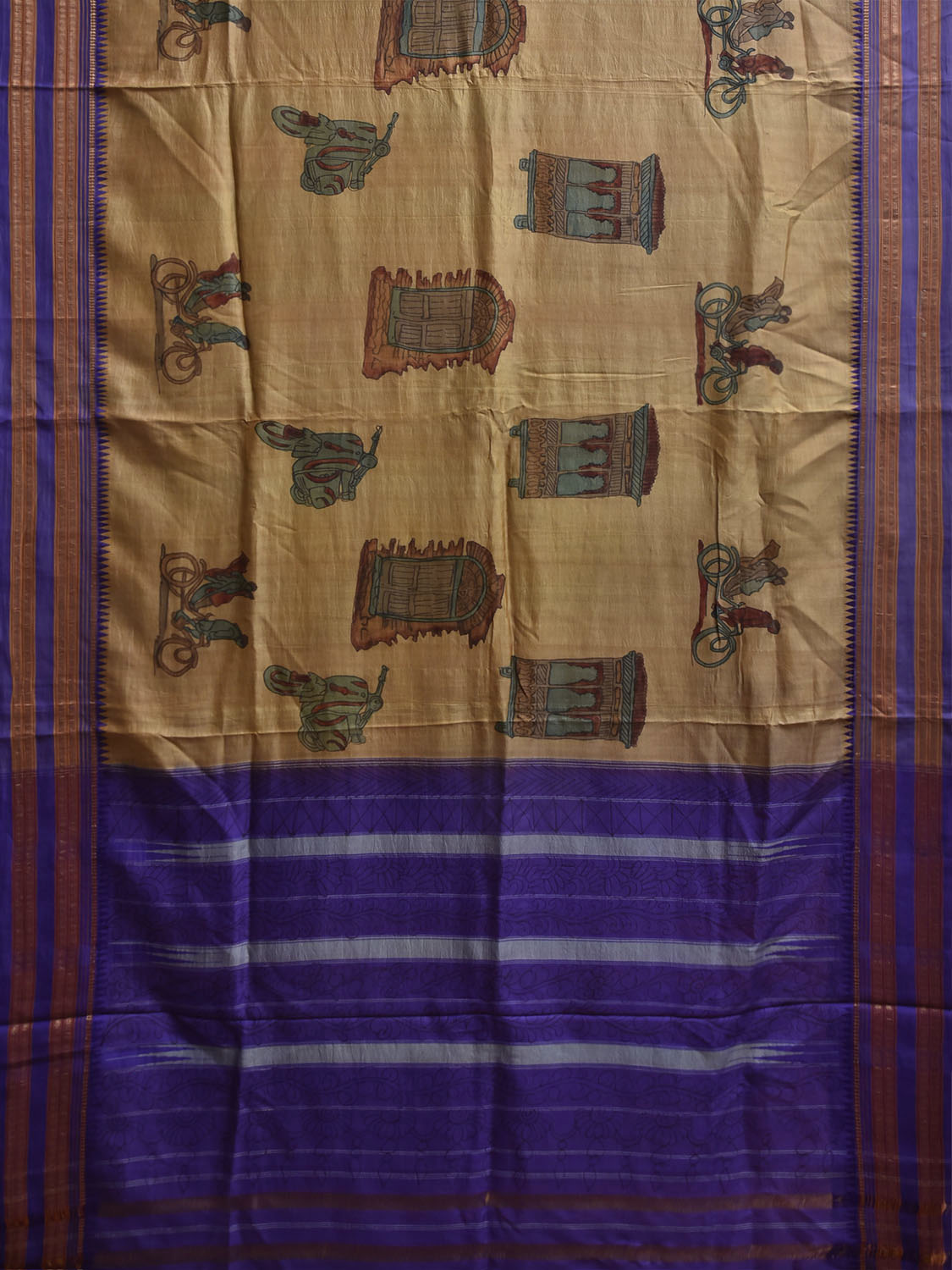 Light Yellow and Dark Blue Kalamkari Hand Painted Narayanpet Pure Silk Saree with Vehicles Design No Blouse KL0855