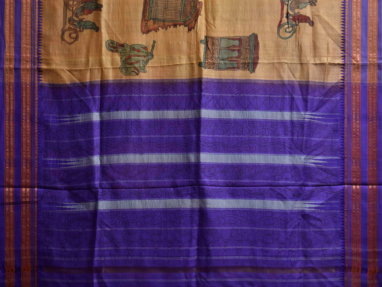 Light Yellow and Dark Blue Kalamkari Hand Painted Narayanpet Pure Silk Saree with Vehicles Design No Blouse KL0855