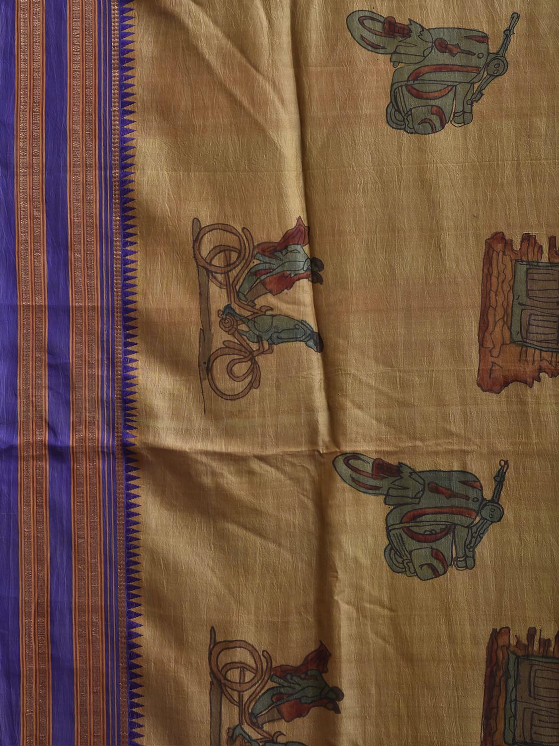 Light Yellow and Dark Blue Kalamkari Hand Painted Narayanpet Pure Silk Saree with Vehicles Design No Blouse KL0855