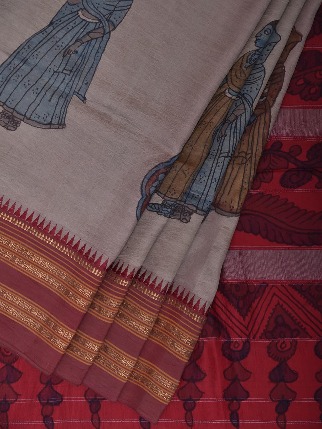 Light Grey and Red Kalamkari Hand Painted Narayanpet Pure Silk Saree with Female Figures and Floral Design No Blouse KL0856