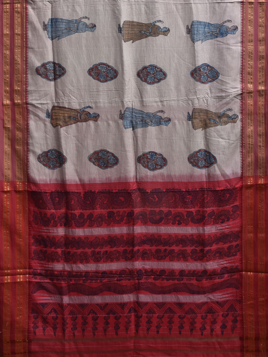 Light Grey and Red Kalamkari Hand Painted Narayanpet Pure Silk Saree with Female Figures and Floral Design No Blouse KL0856
