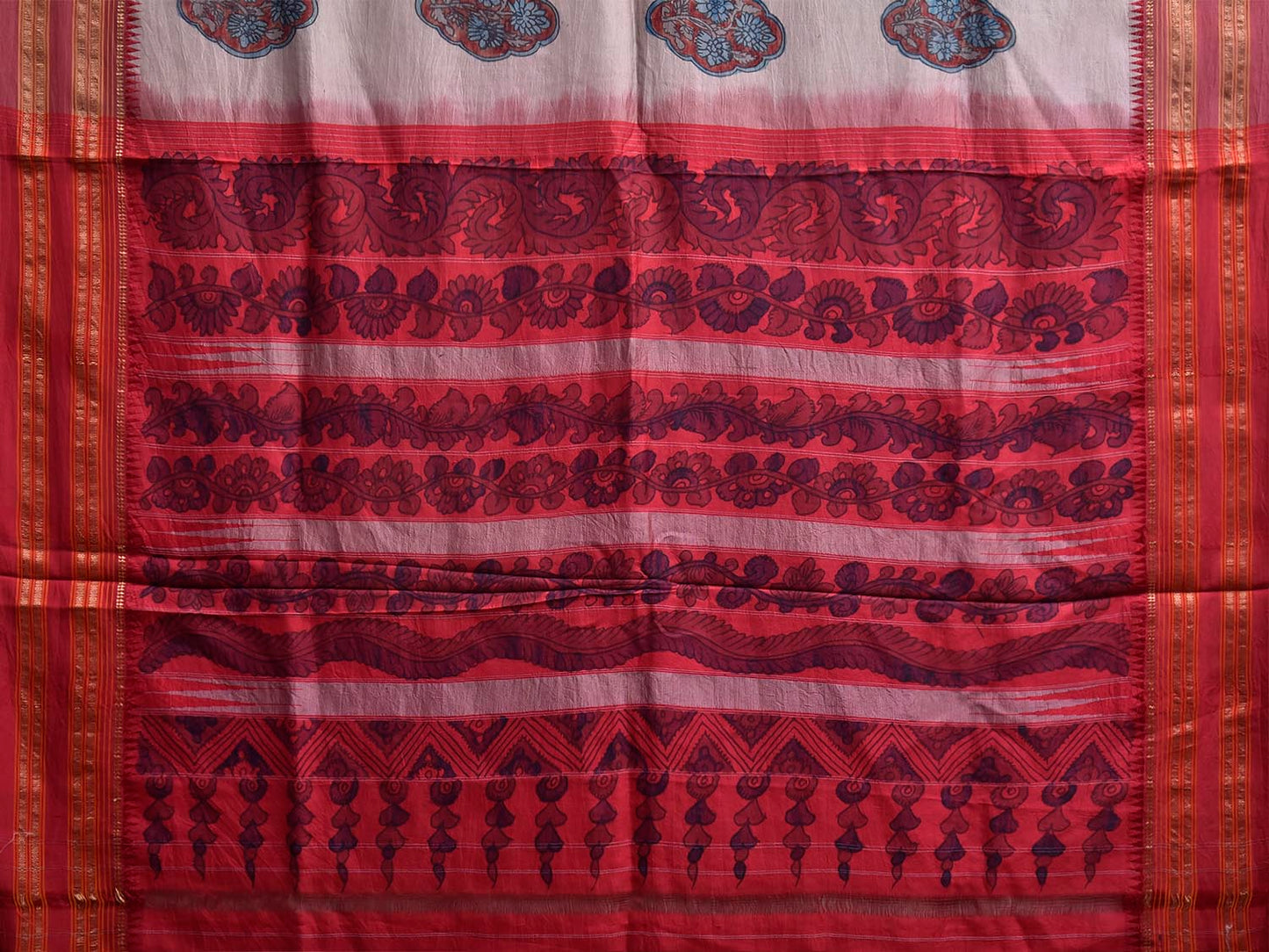 Light Grey and Red Kalamkari Hand Painted Narayanpet Pure Silk Saree with Female Figures and Floral Design No Blouse KL0856