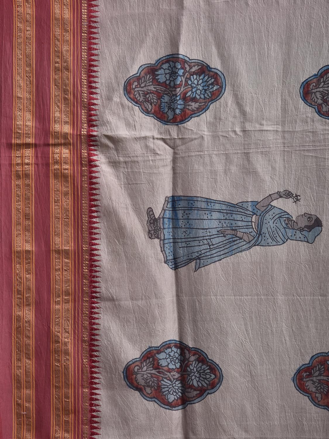 Light Grey and Red Kalamkari Hand Painted Narayanpet Pure Silk Saree with Female Figures and Floral Design No Blouse KL0856