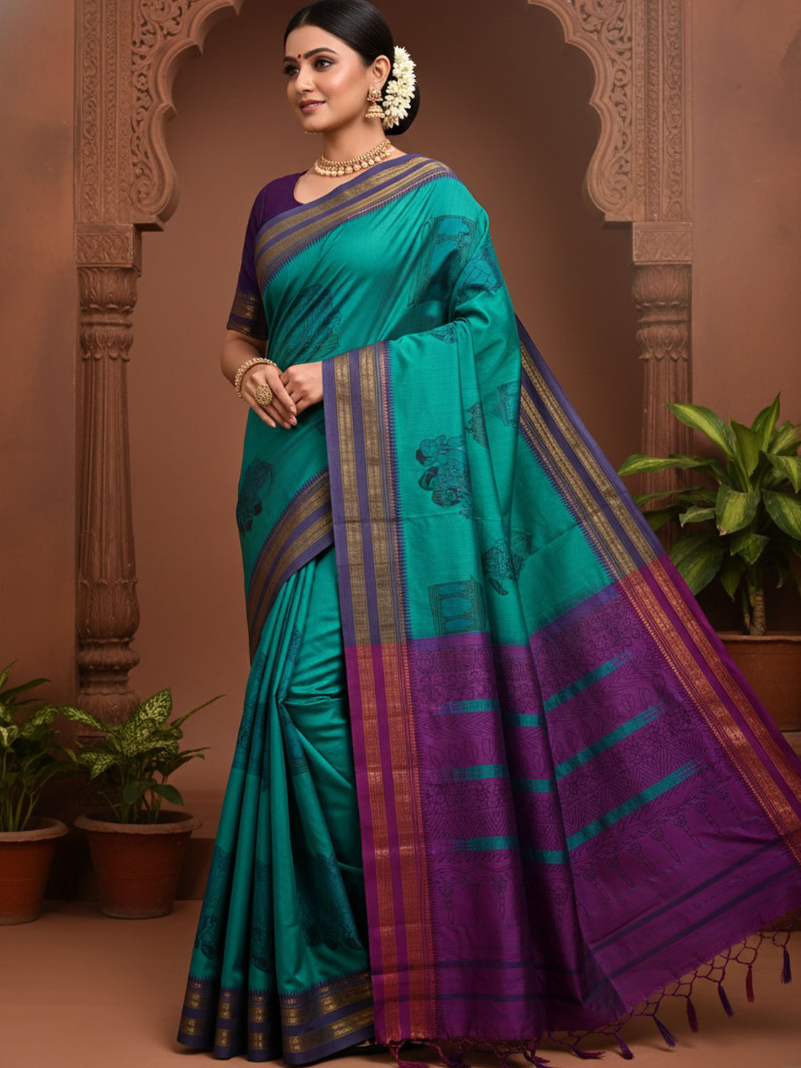 Turquoise and Purple Kalamkari Hand Painted Narayanpet Pure Silk Saree with Female Figures Design No Blouse KL0857