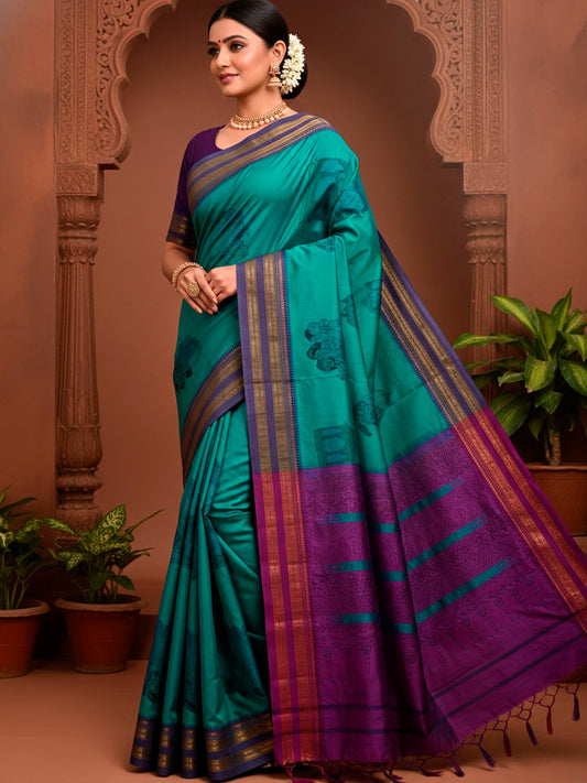 Turquoise and Purple Kalamkari Hand Painted Narayanpet Pure Silk Saree with Female Figures Design No Blouse KL0857