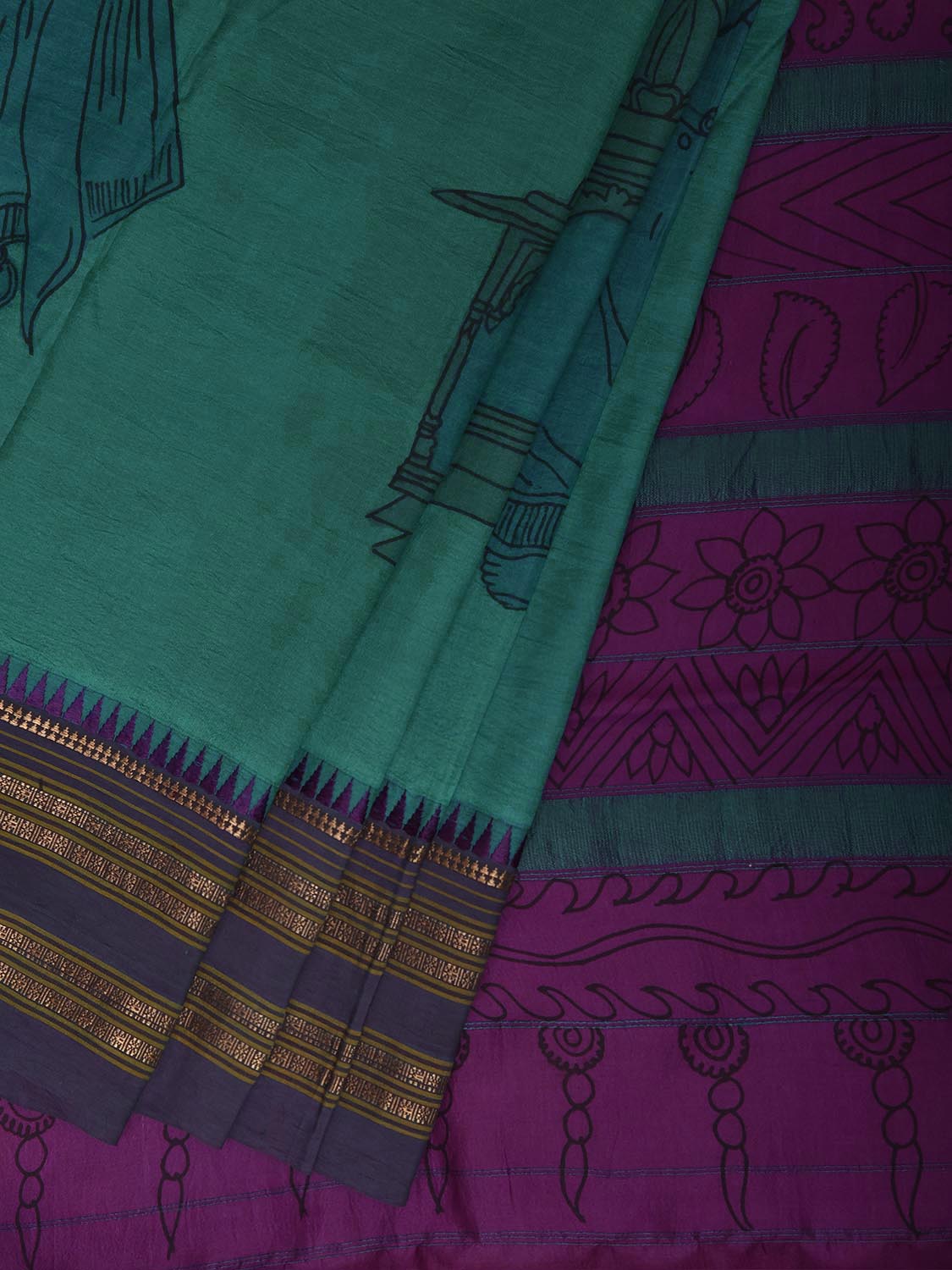 Turquoise and Purple Kalamkari Hand Painted Narayanpet Pure Silk Saree with Female Figures Design No Blouse KL0857