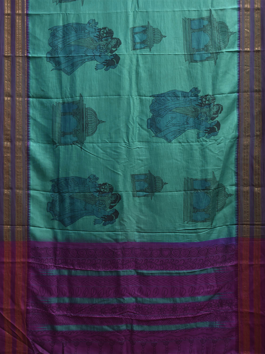 Turquoise and Purple Kalamkari Hand Painted Narayanpet Pure Silk Saree with Female Figures Design No Blouse KL0857