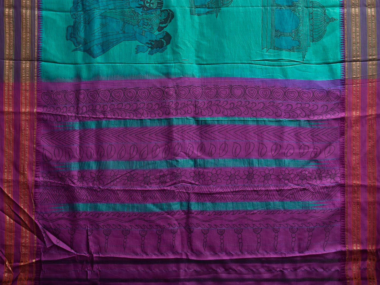 Turquoise and Purple Kalamkari Hand Painted Narayanpet Pure Silk Saree with Female Figures Design No Blouse KL0857