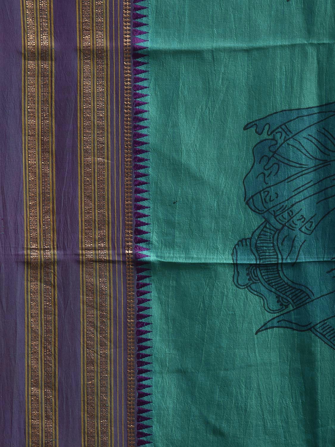 Turquoise and Purple Kalamkari Hand Painted Narayanpet Pure Silk Saree with Female Figures Design No Blouse KL0857
