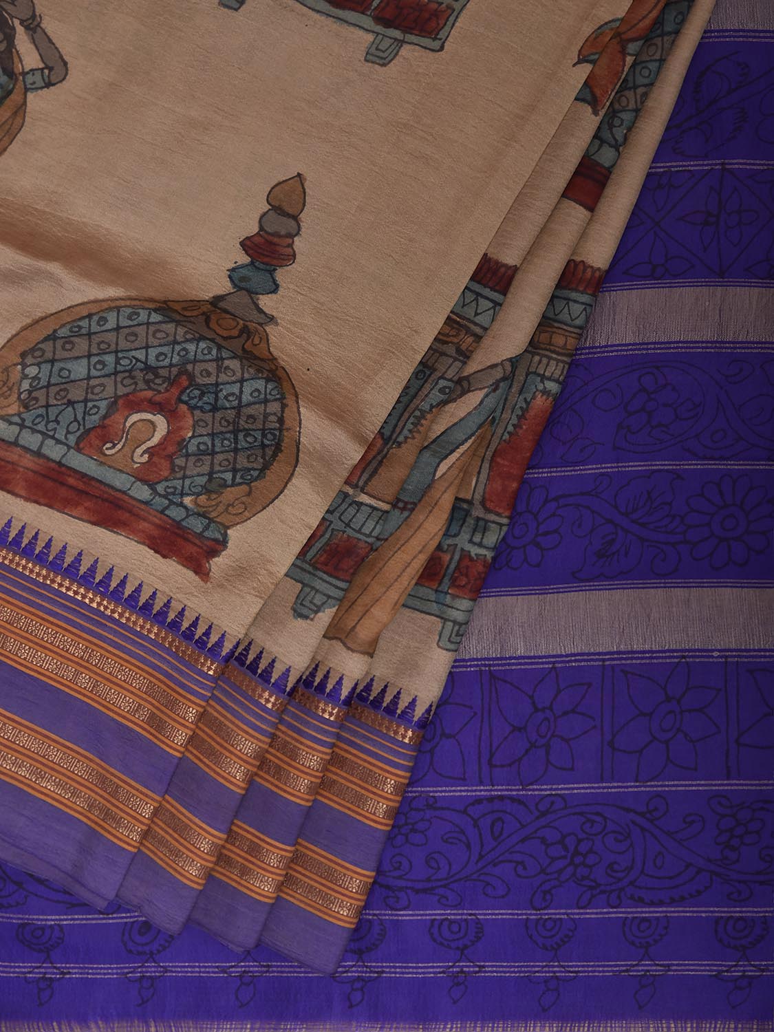 Cream and Dark Blue Kalamkari Hand Painted Narayanpet Pure Silk Saree with All Over Design No Blouse KL0858