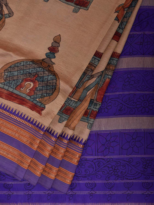 Cream and Dark Blue Kalamkari Hand Painted Narayanpet Pure Silk Saree with All Over Design No Blouse KL0858
