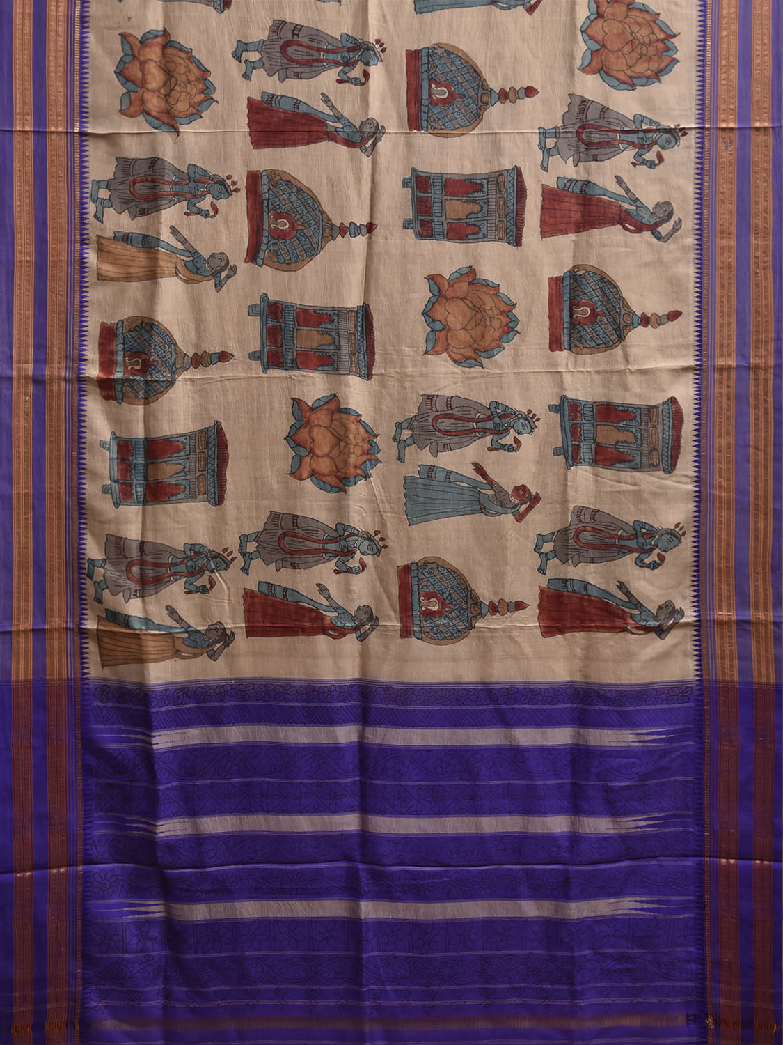 Cream and Dark Blue Kalamkari Hand Painted Narayanpet Pure Silk Saree with All Over Design No Blouse KL0858