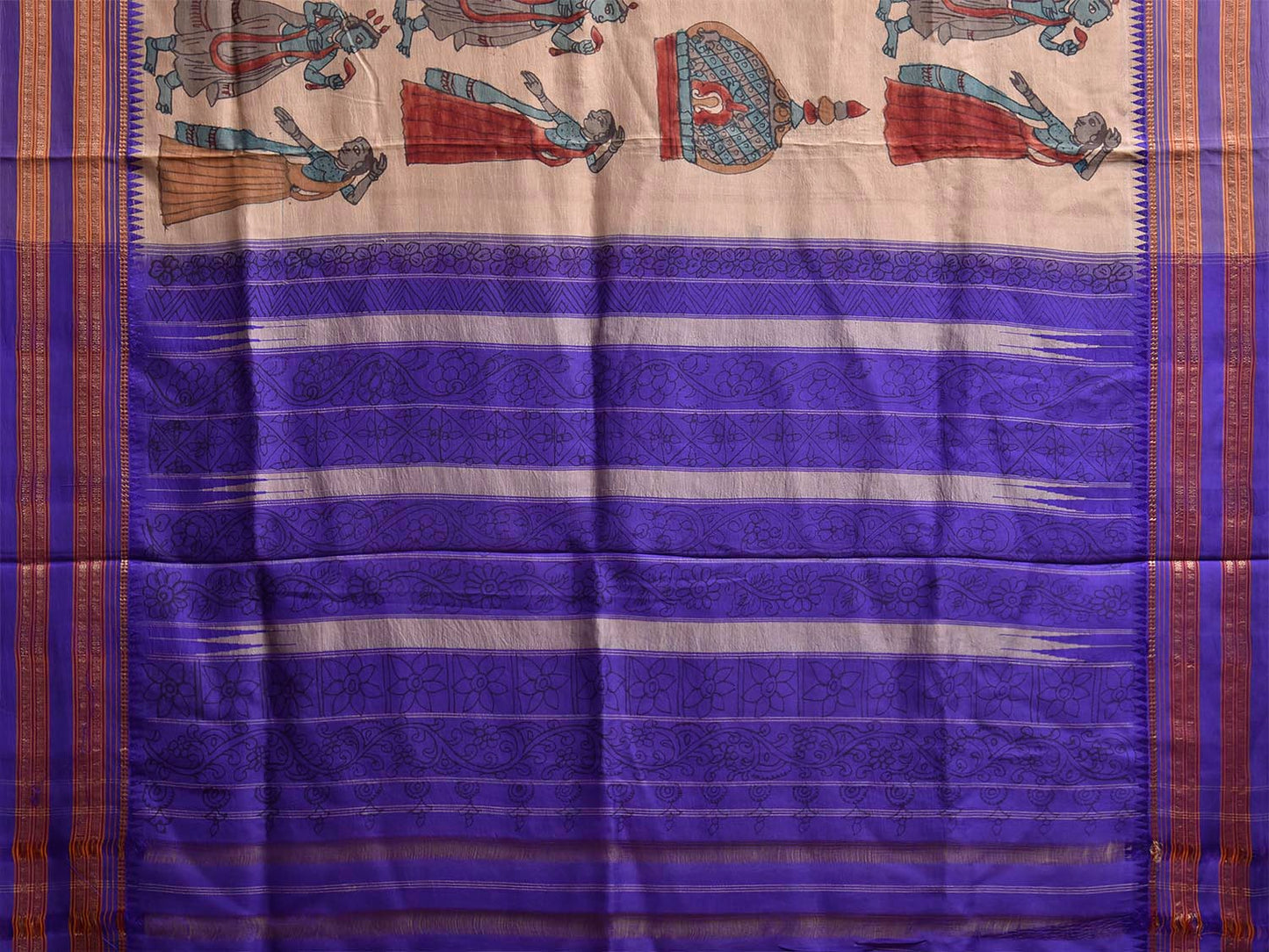 Cream and Dark Blue Kalamkari Hand Painted Narayanpet Pure Silk Saree with All Over Design No Blouse KL0858