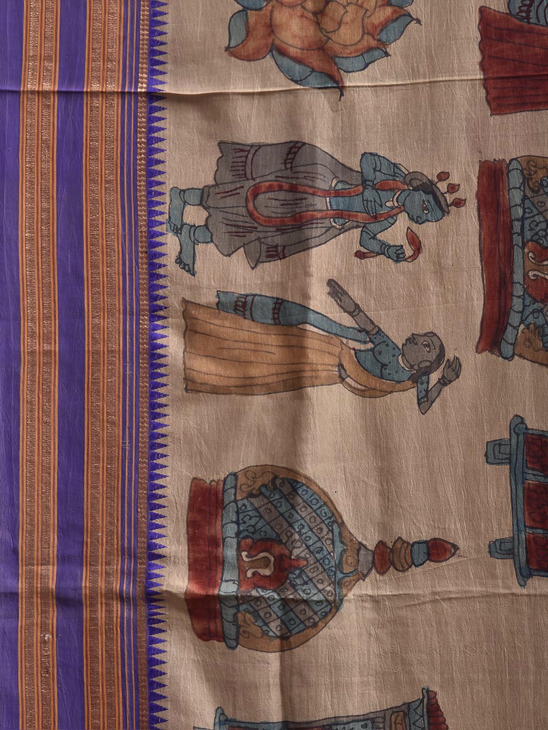 Cream and Dark Blue Kalamkari Hand Painted Narayanpet Pure Silk Saree with All Over Design No Blouse KL0858