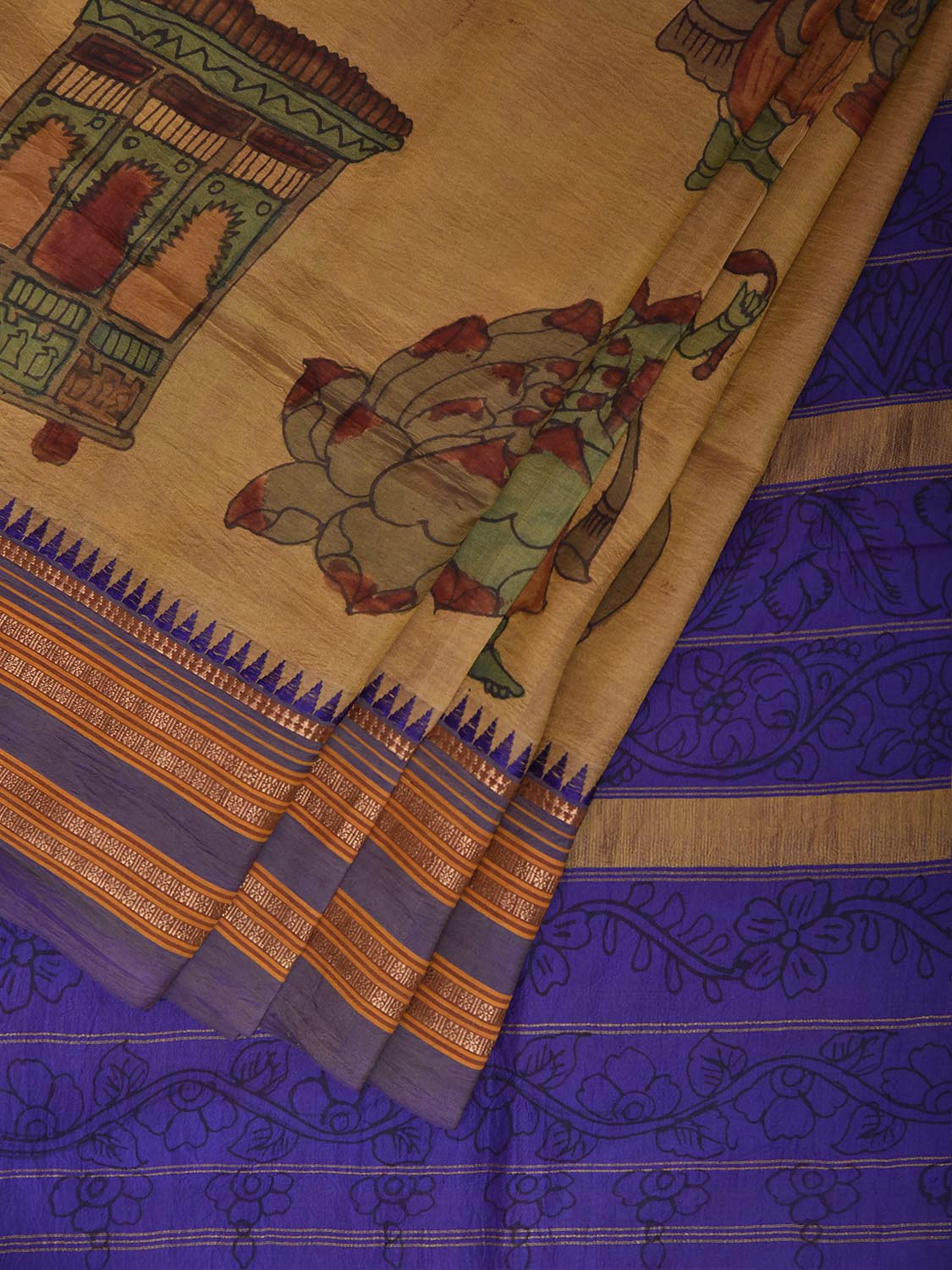 Light Yellow and Dark Blue Kalamkari Hand Painted Narayanpet Pure Silk Saree with All Over Design No Blouse KL0859