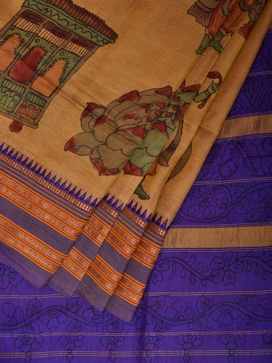 Light Yellow and Dark Blue Kalamkari Hand Painted Narayanpet Pure Silk Saree with All Over Design No Blouse KL0859