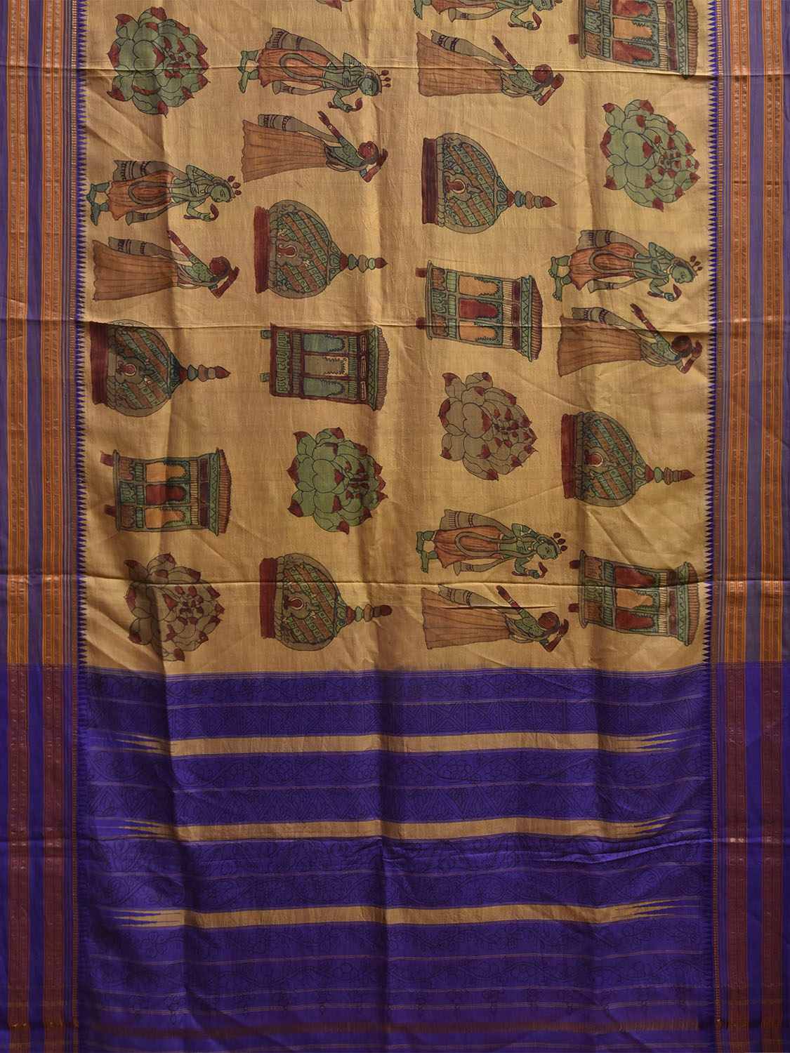 Light Yellow and Dark Blue Kalamkari Hand Painted Narayanpet Pure Silk Saree with All Over Design No Blouse KL0859