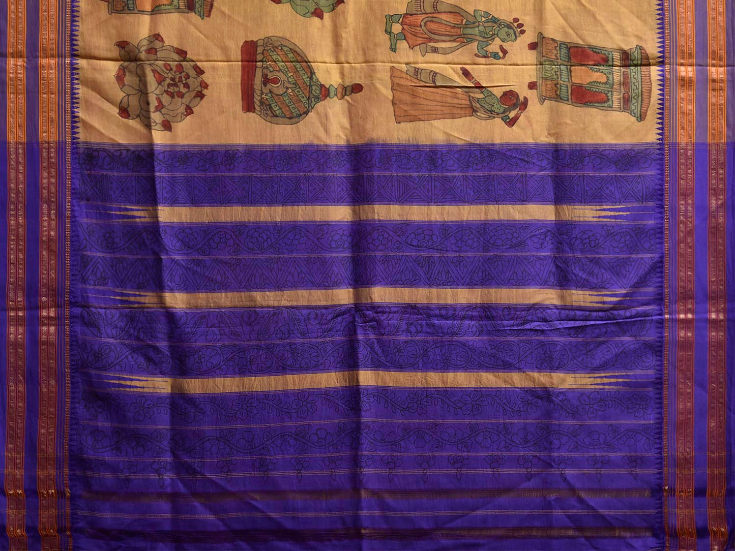 Light Yellow and Dark Blue Kalamkari Hand Painted Narayanpet Pure Silk Saree with All Over Design No Blouse KL0859