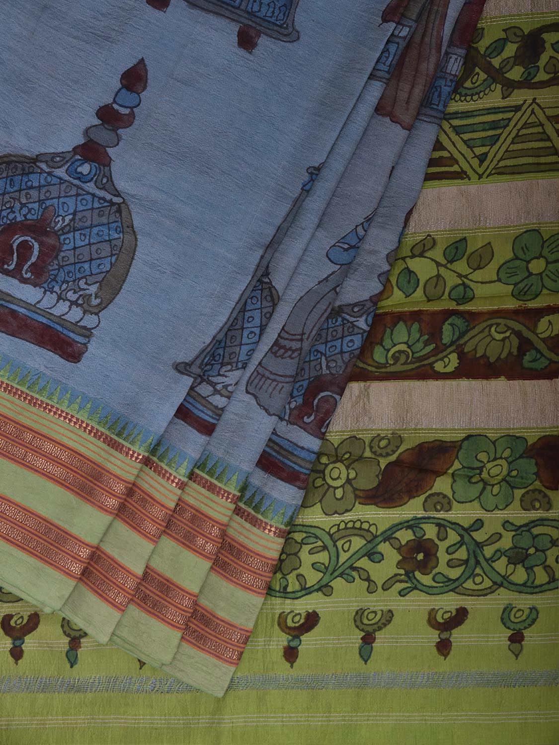 Blue and Light Green Kalamkari Hand Painted Narayanpet Pure Silk Saree with All Over Design No Blouse KL0860