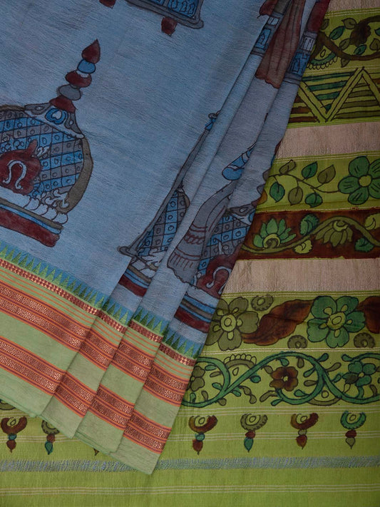 Blue and Light Green Kalamkari Hand Painted Narayanpet Pure Silk Saree with All Over Design No Blouse KL0860