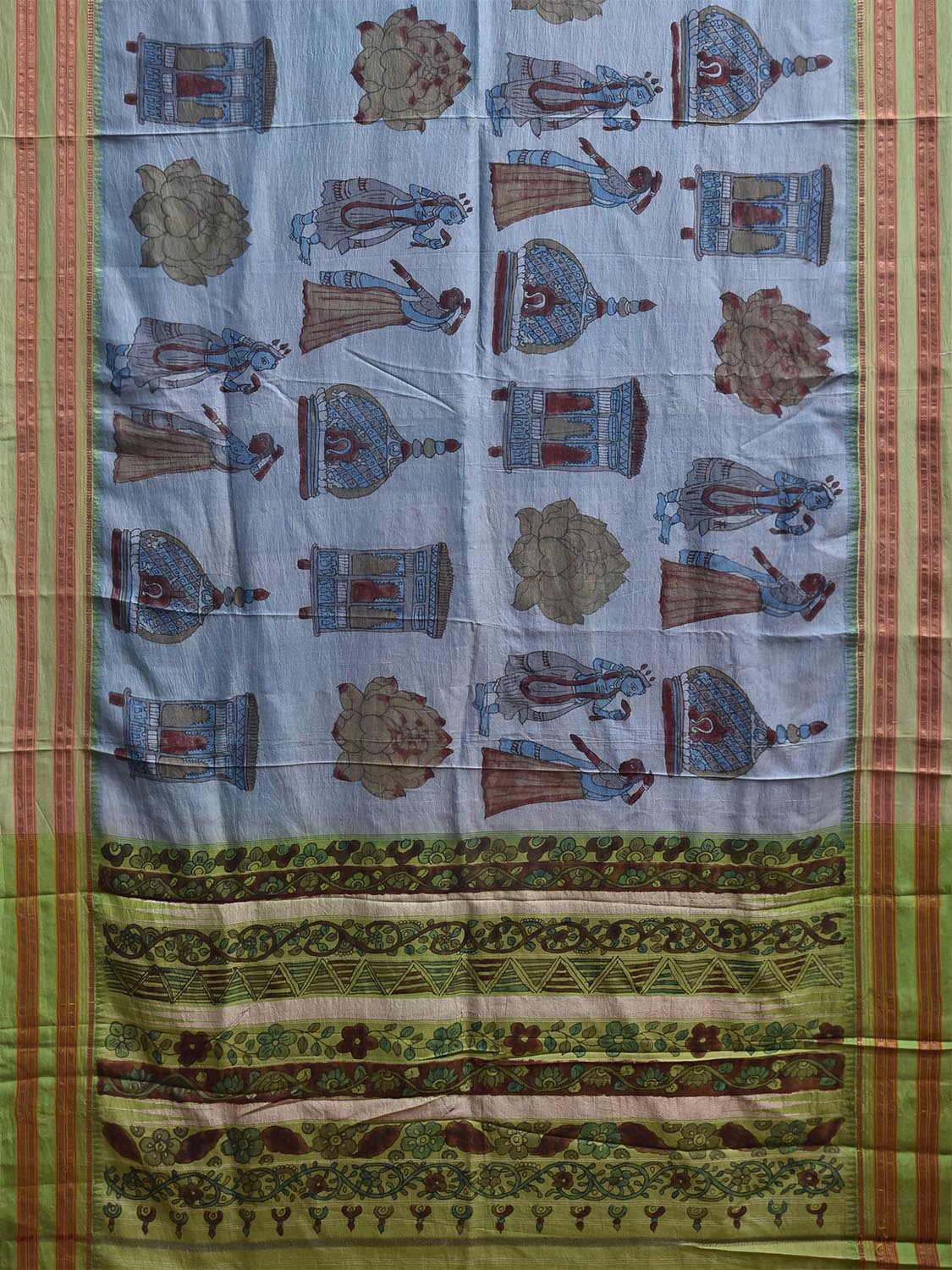 Blue and Light Green Kalamkari Hand Painted Narayanpet Pure Silk Saree with All Over Design No Blouse KL0860