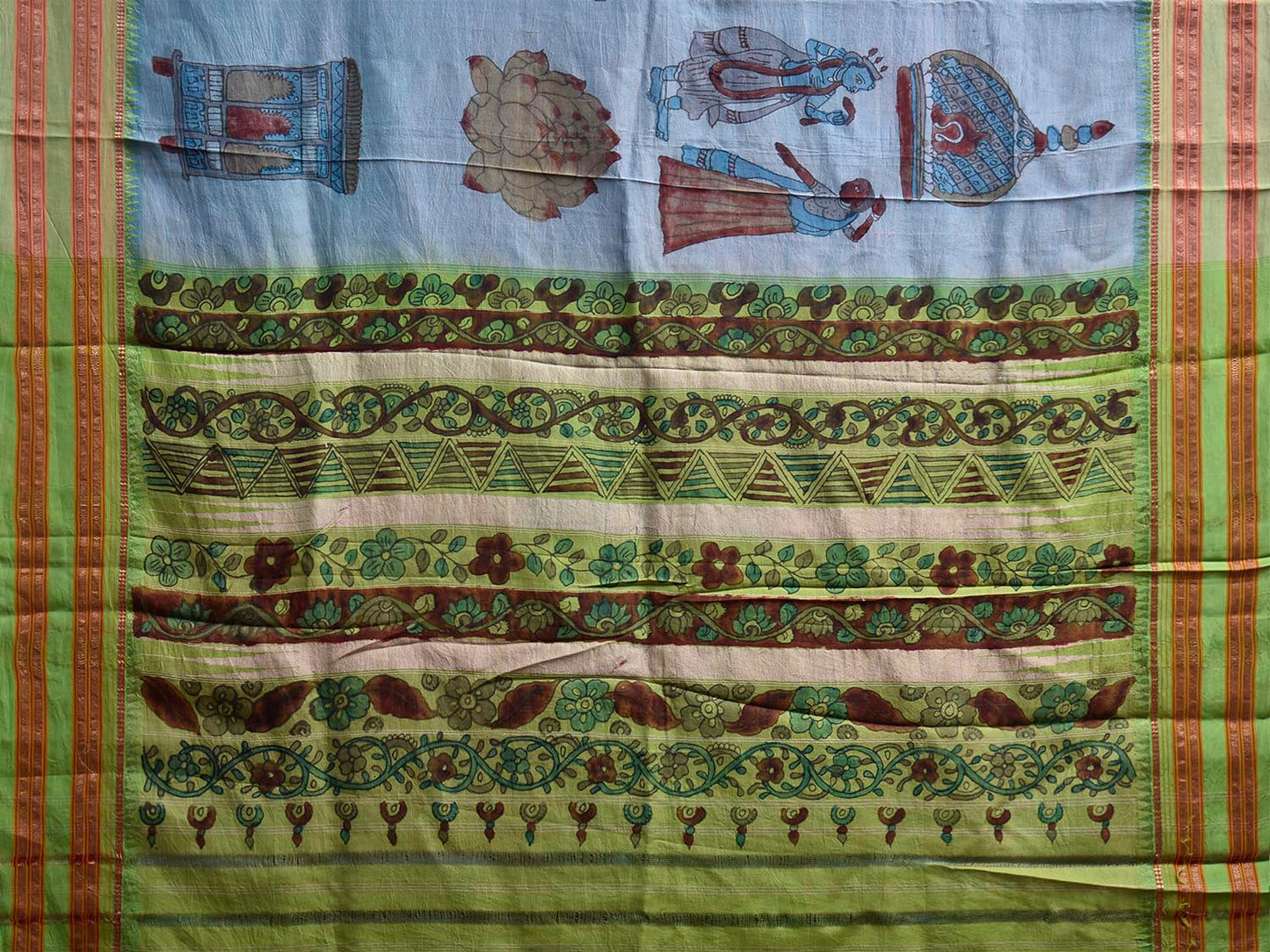 Blue and Light Green Kalamkari Hand Painted Narayanpet Pure Silk Saree with All Over Design No Blouse KL0860