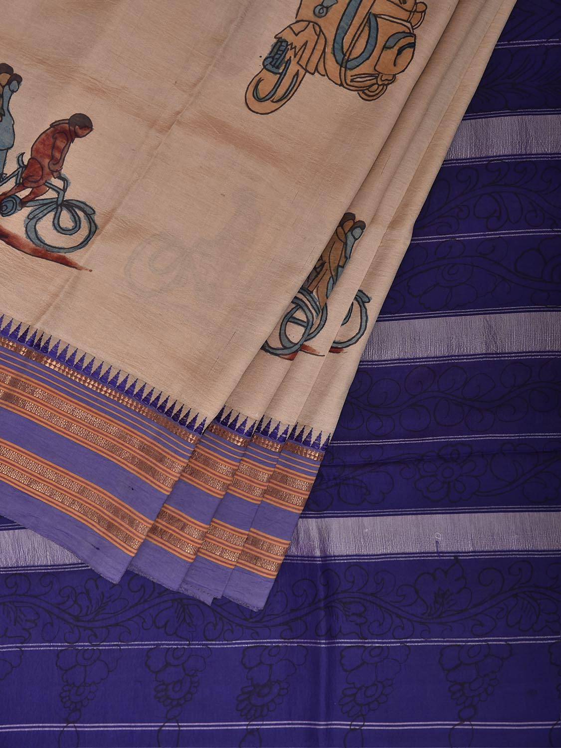 Cream and Dark Blue Kalamkari Hand Painted Narayanpet Pure Silk Saree with Vehicles Design No Blouse KL0861