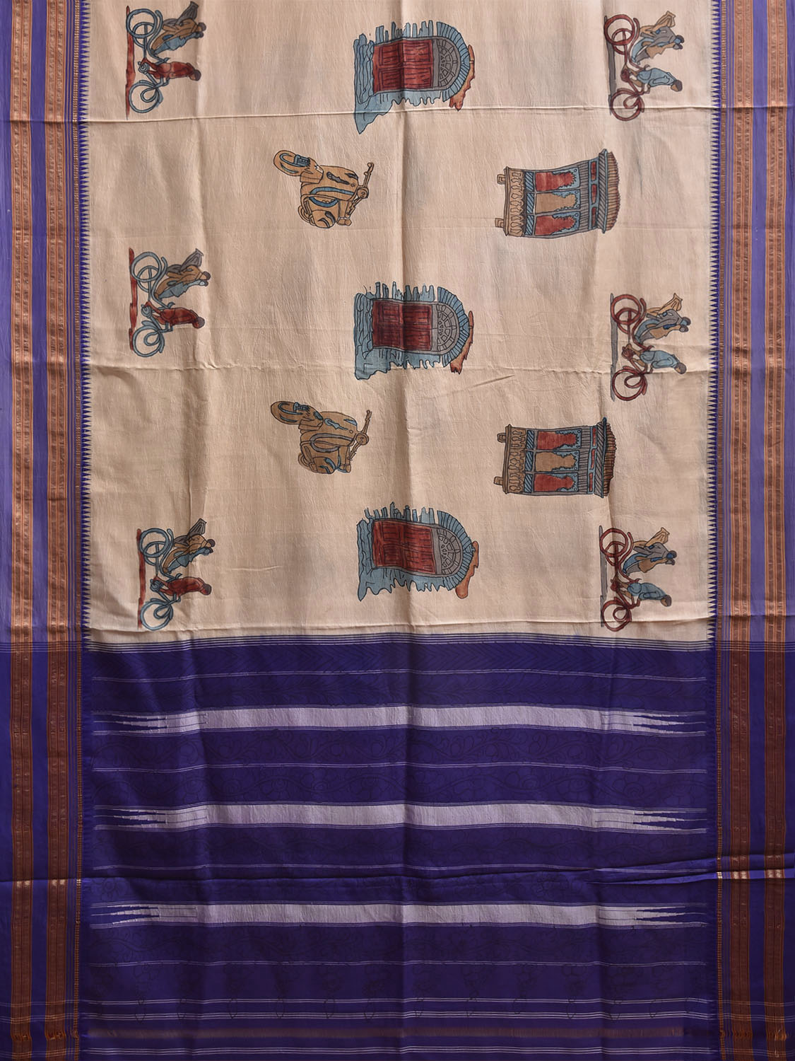 Cream and Dark Blue Kalamkari Hand Painted Narayanpet Pure Silk Saree with Vehicles Design No Blouse KL0861