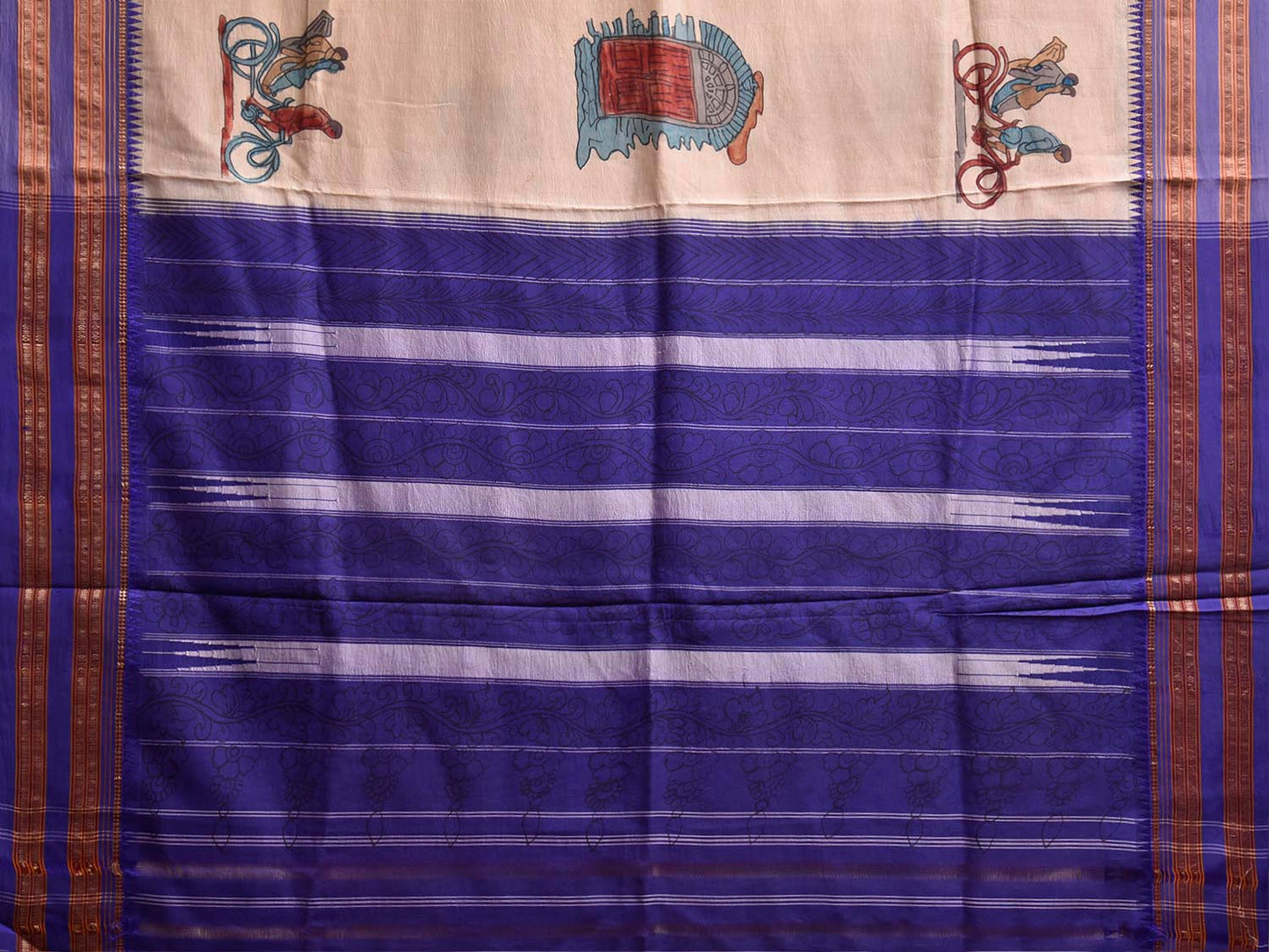Cream and Dark Blue Kalamkari Hand Painted Narayanpet Pure Silk Saree with Vehicles Design No Blouse KL0861