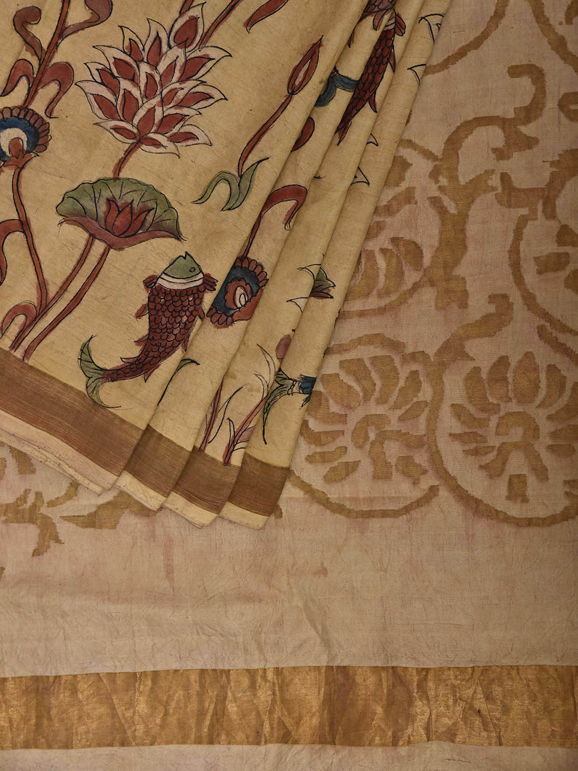 Light Yellow and Cream Kalamkari Hand Painted Uppada Silk Handloom Saree with Fish and Floral Design KL0862