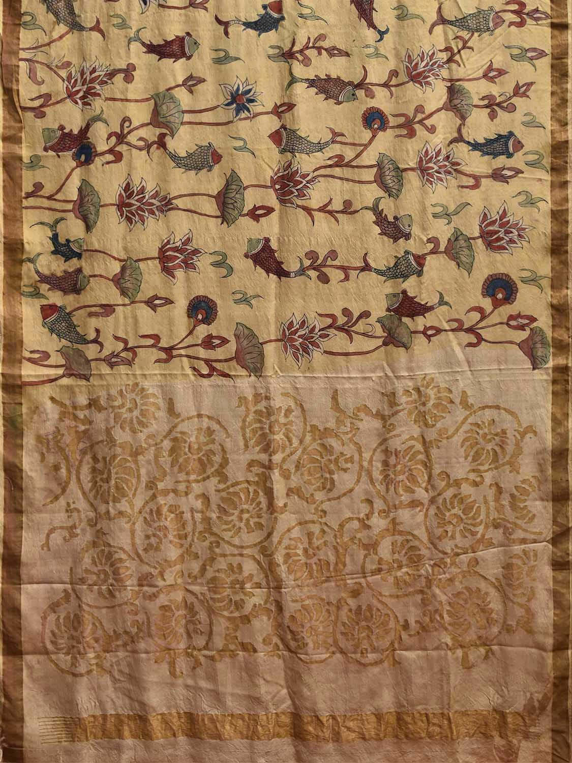 Light Yellow and Cream Kalamkari Hand Painted Uppada Silk Handloom Saree with Fish and Floral Design KL0862
