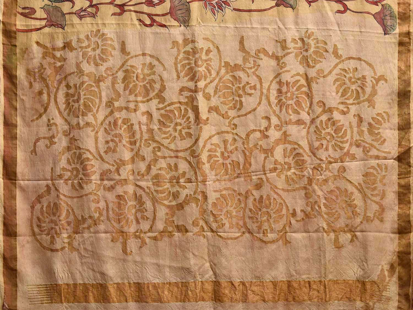 Light Yellow and Cream Kalamkari Hand Painted Uppada Silk Handloom Saree with Fish and Floral Design KL0862