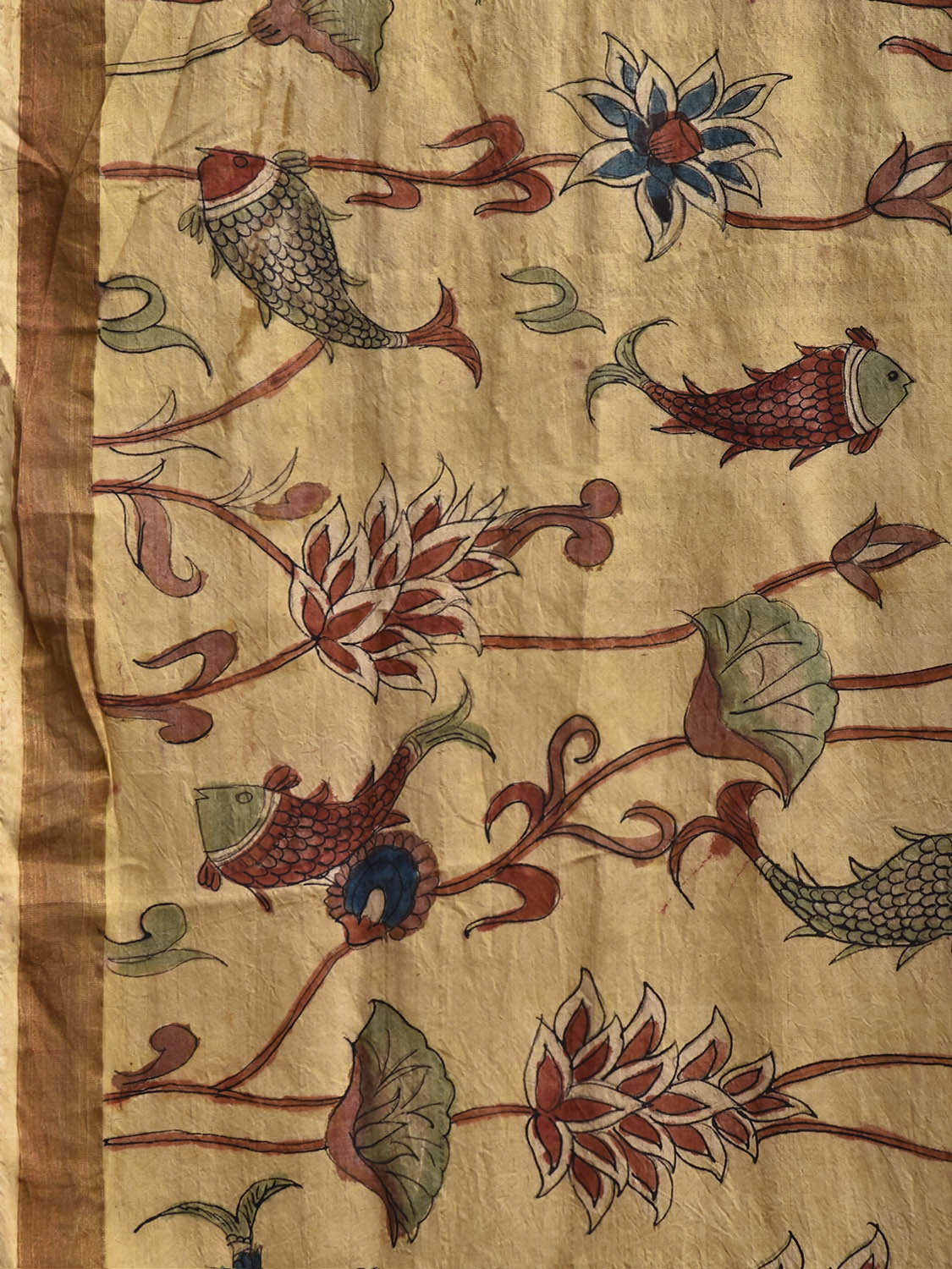 Light Yellow and Cream Kalamkari Hand Painted Uppada Silk Handloom Saree with Fish and Floral Design KL0862